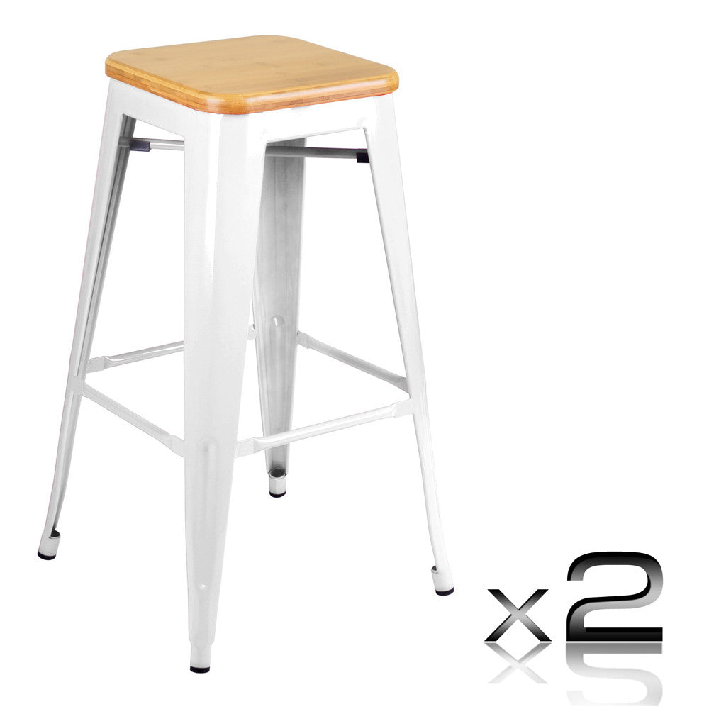 Set of 2 Tolix Replica Metal Steel Bamboo Seat Bar stool 76 cm White