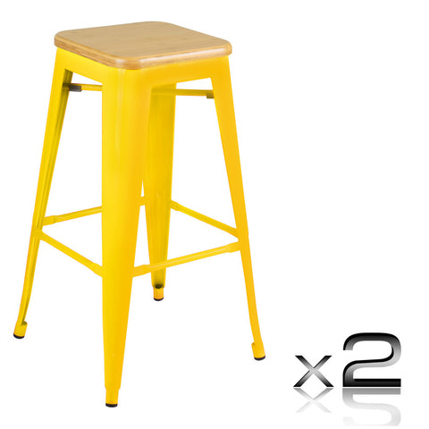 Set of 2 Tolix Replica Metal Steel Bamboo Seat Bar stool 76 cm Yellow