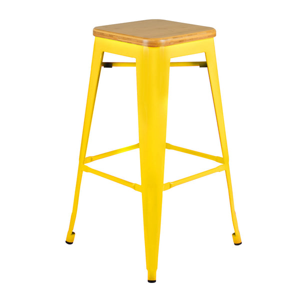 Set of 2 Tolix Replica Metal Steel Bamboo Seat Bar stool 76 cm Yellow