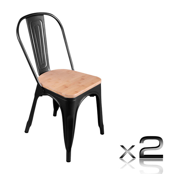 Set of 2 Replica Tolix Dining Metal Chair Bamboo Seat Gloss Black