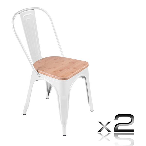 Set of 2 Replica Tolix Dining Metal Chair Bamboo Seat Gloss White