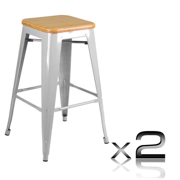 Set of 2 Replica Tolix Kitchen Bar Stool Bamboo Seat 66cm Metal