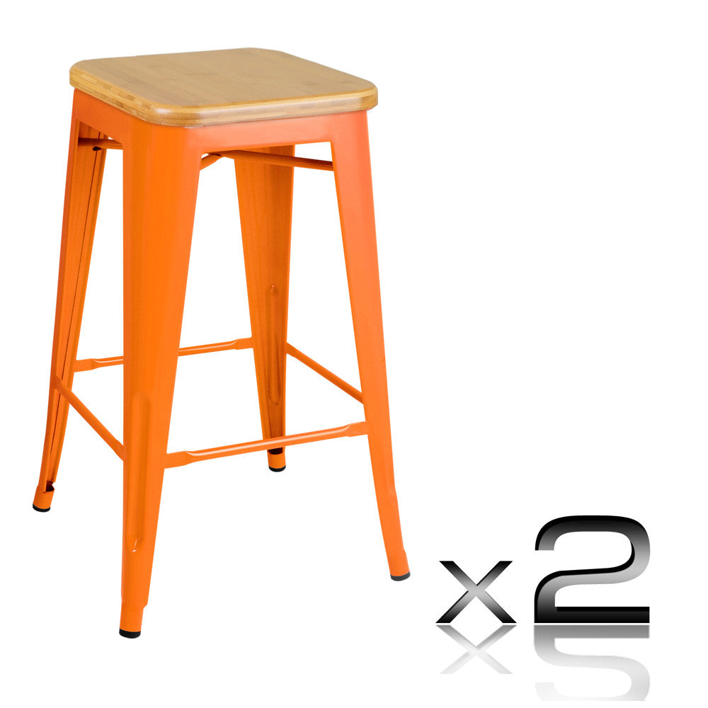 Set of 2 Replica Tolix Kitchen Bar Stool Bamboo Seat 66cm Orange