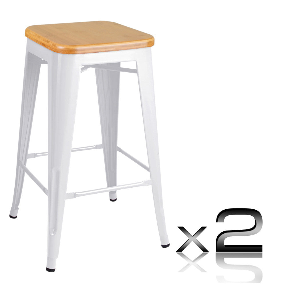 Set of 2 Replica Tolix Kitchen Bar Stool Bamboo Seat 66cm White