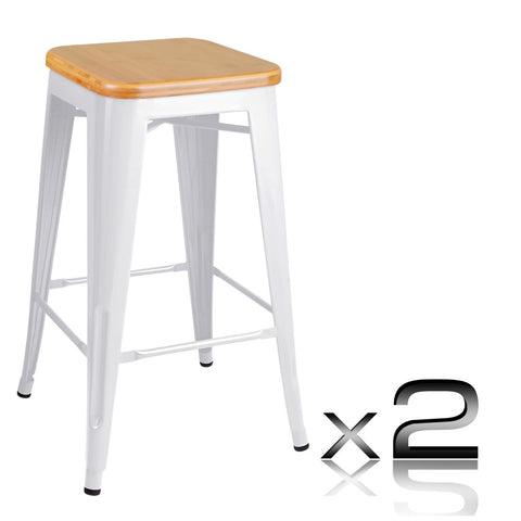 Set of 2 Replica Tolix Kitchen Bar Stool Bamboo Seat 66cm White