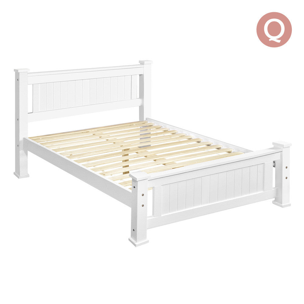 Wooden Bed Frame Pine Wood Queen White