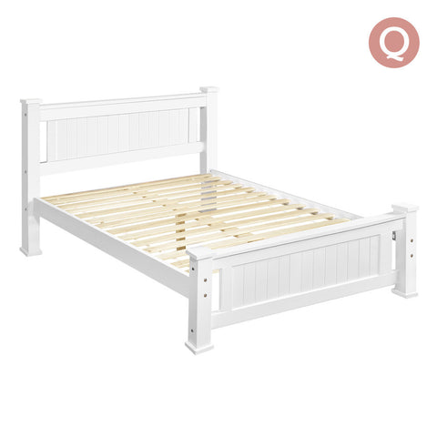 Wooden Bed Frame Pine Wood Queen White