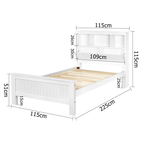 Wooden Bed Frame King Single w/ Shelf White