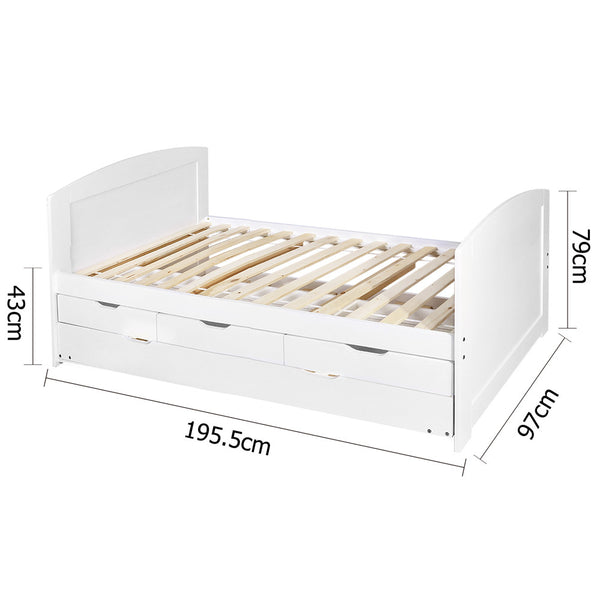 Wooden Bed Frame Pine Wood w/ Drawers Single White