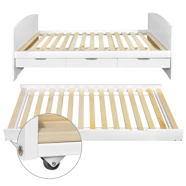 Wooden Bed Frame Pine Wood w/ Drawers Single White