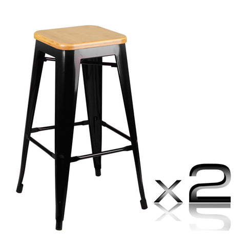 Set of 2 Replica Tolix Bar Stool Bamboo Seat 76cm Black
