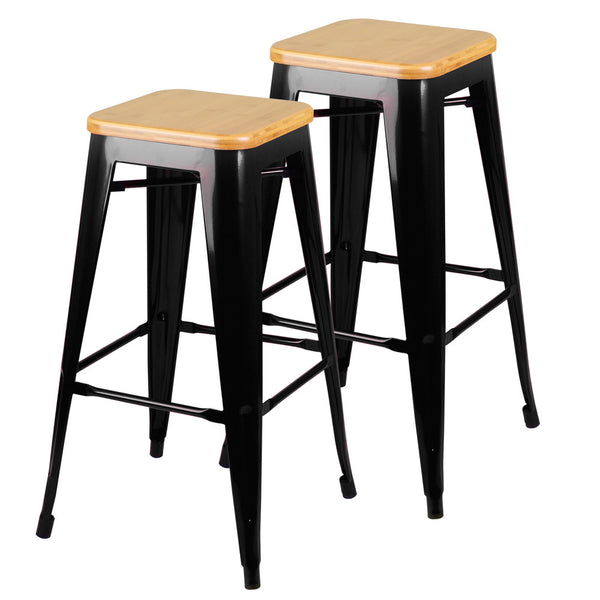 Set of 2 Replica Tolix Bar Stool Bamboo Seat 76cm Black