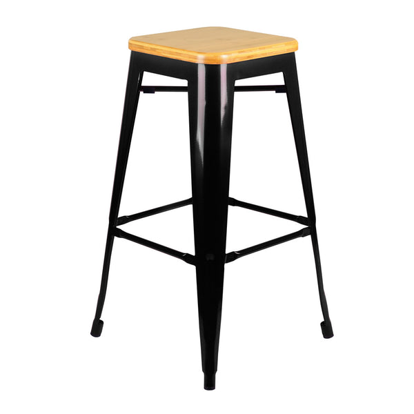 Set of 2 Replica Tolix Bar Stool Bamboo Seat 76cm Black
