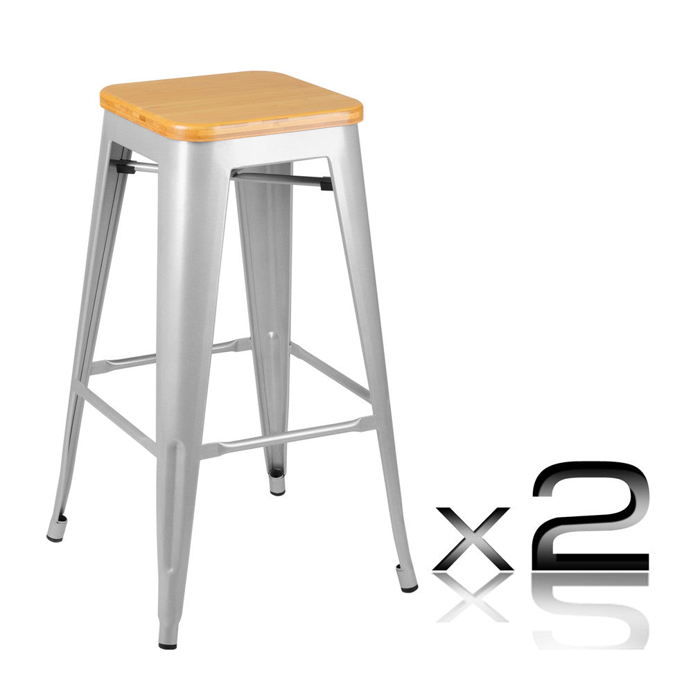 Set of 2 Replica Tolix Bar Stool Bamboo Seat 76cm Metal