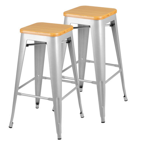 Set of 2 Replica Tolix Bar Stool Bamboo Seat 76cm Metal