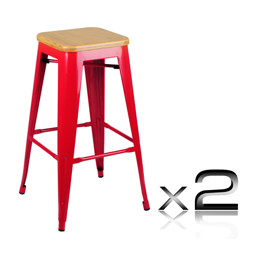 Set of 2 Replica Tolix Bar Stool Bamboo Seat 76cm Red