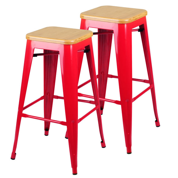 Set of 2 Replica Tolix Bar Stool Bamboo Seat 76cm Red