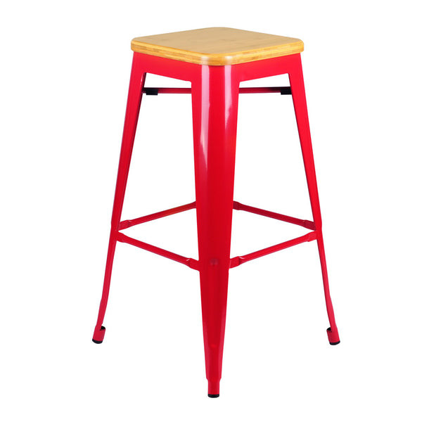 Set of 2 Replica Tolix Bar Stool Bamboo Seat 76cm Red