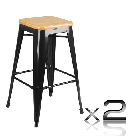 Set of 2 Replica Tolix Kitchen Bar Stool Bamboo Seat 66cm Black