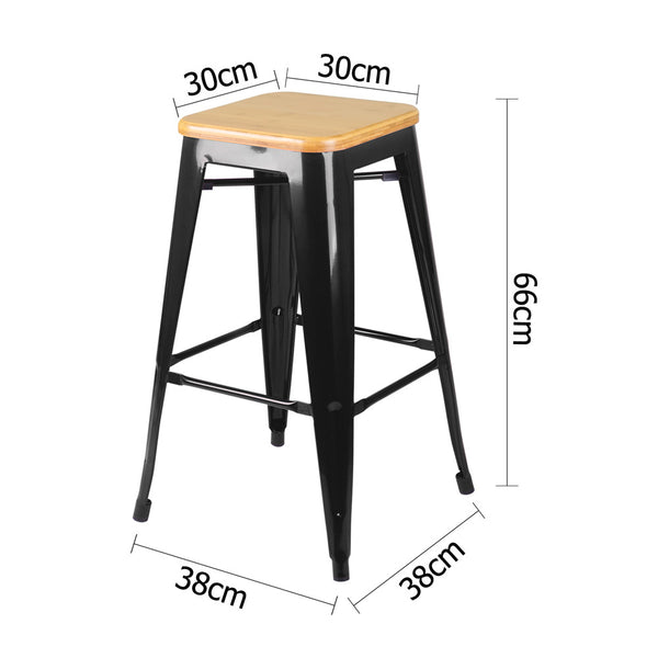 Set of 2 Replica Tolix Kitchen Bar Stool Bamboo Seat 66cm Black