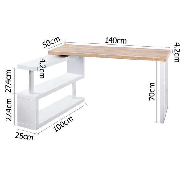 Rotary Corner Brown Office Computer Desk w/ White Bookshelf