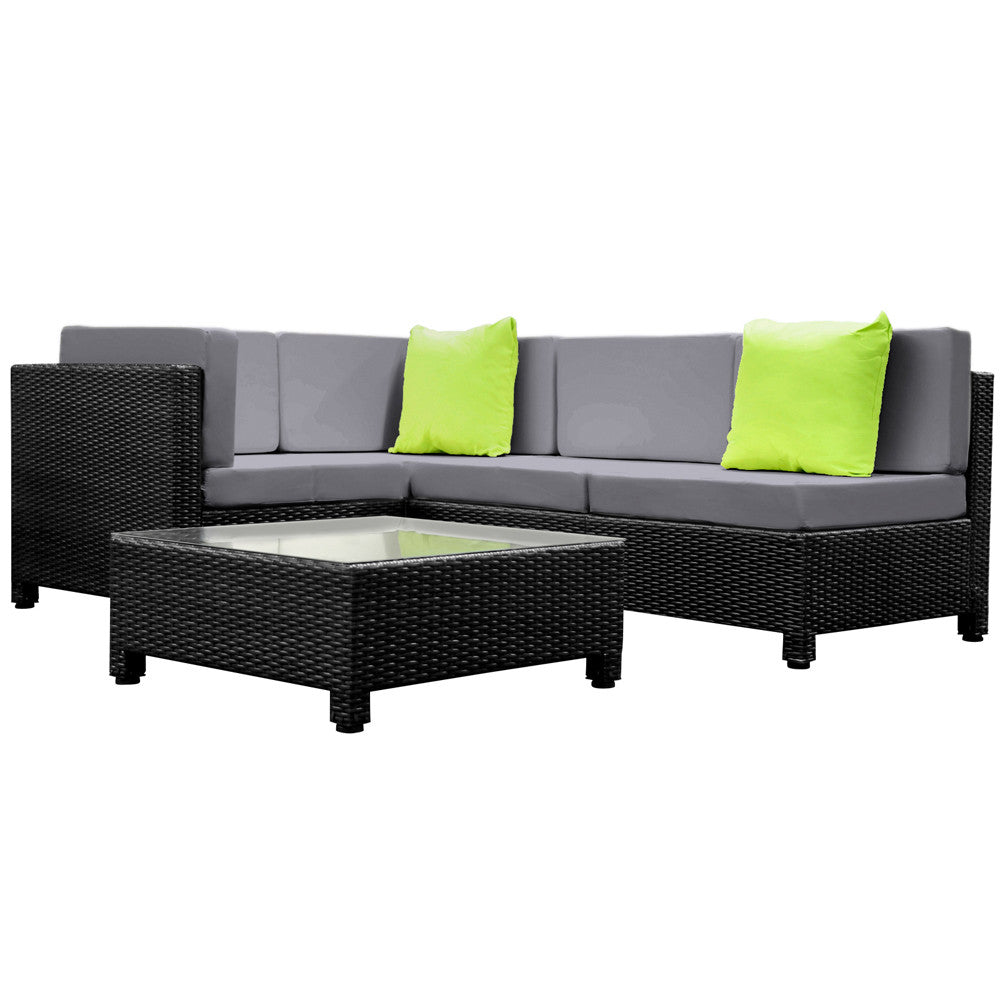 5 pcs Black Wicker Rattan 4 Seater Outdoor Lounge Set Grey