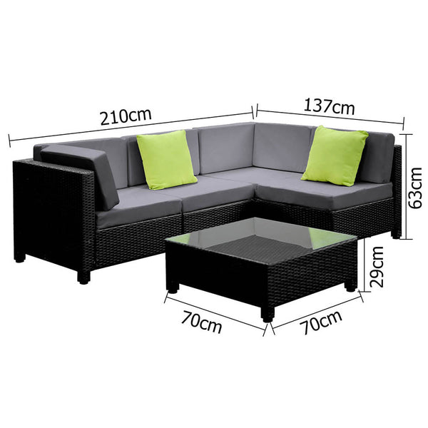 5 pcs Black Wicker Rattan 4 Seater Outdoor Lounge Set Grey