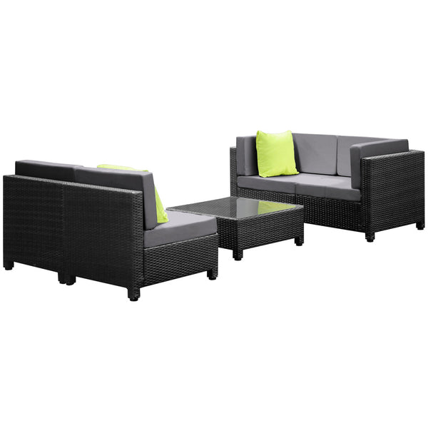 5 pcs Black Wicker Rattan 4 Seater Outdoor Lounge Set Grey