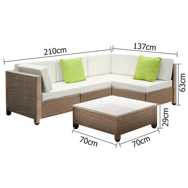 5 pcs Brown Wicker Rattan 4 Seater Outdoor Lounge Set Beige