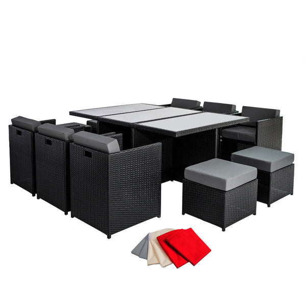 11 pcs Black Wicker Rattan 10 Seater Outdoor Dining Set Grey