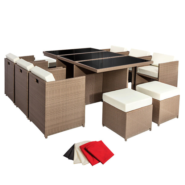 11 pcs Brown Wicker Rattan 10 Seater Outdoor Dining Set Beige