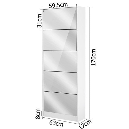 Mirrored Shoe Cabinet Storage 5 Drawers Shelf White